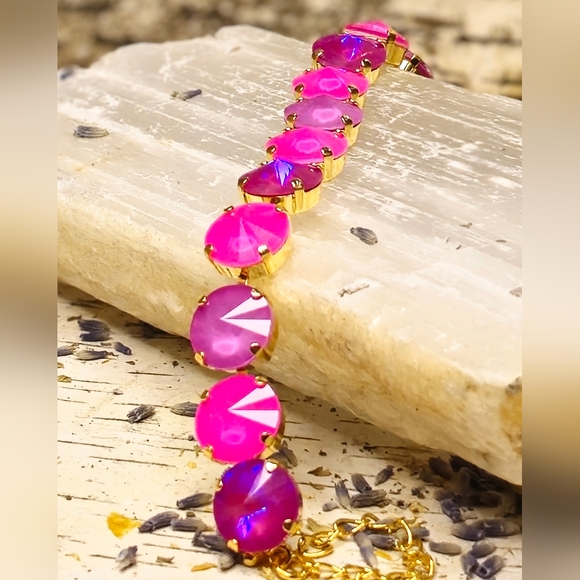 Neon Hot Pink Stardust Crystal In Classic Tennis Bracelet In 18K Gold Plated - Picture 4 of 6